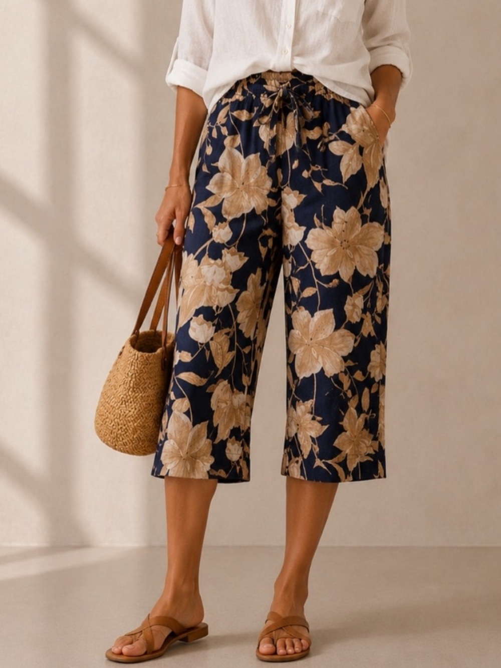 Joie Linen Blend Wide Leg Pants Size 14 Navy Beige Resort Coastal Floral